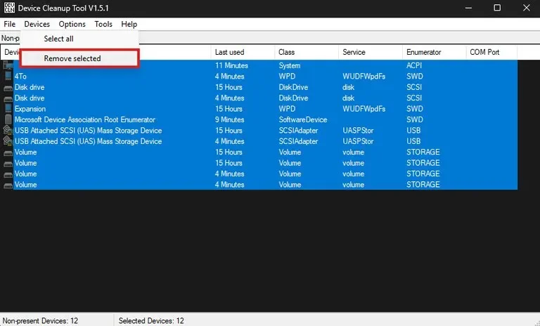 Меню Devices — Remove selected